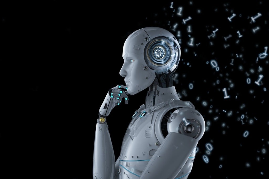 Humanoid robot holds finger to chin