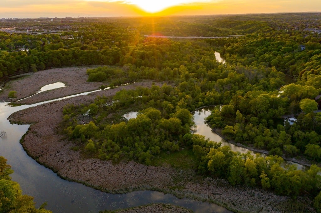 Aerial view of Rouge National Urban Park and Rouge River, Mast Trail, Toronto, Canada