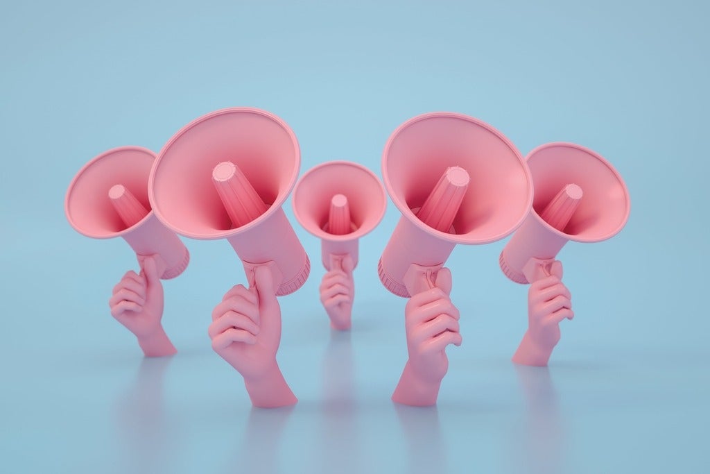 illustration of five hands holding megaphones