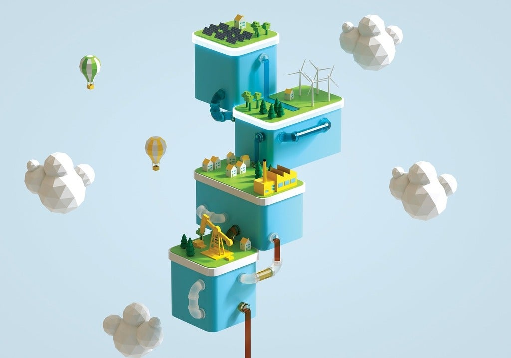 illustration of four blocks floating in the sky with clouds
