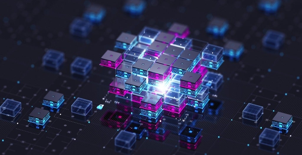 3D conceptual rendering of big data structure with teal and purple squares