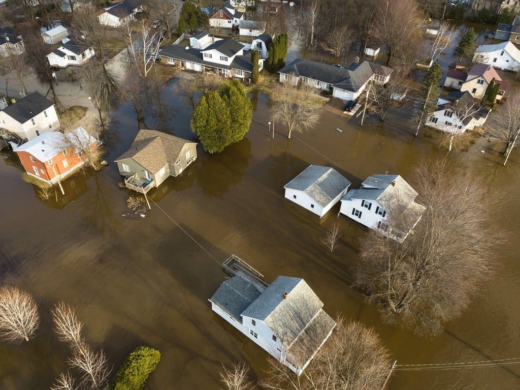 Many houses affected by the swelling Saint John River at Barker's Point, Fredericton, New Brunswick, Canada