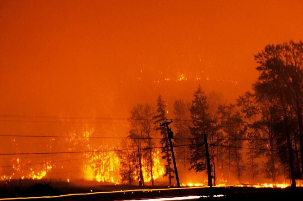 Forest fire at night in British Columbia, Canada