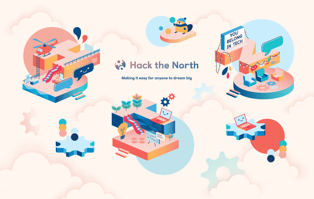 An illustration featuring the hack the north logo