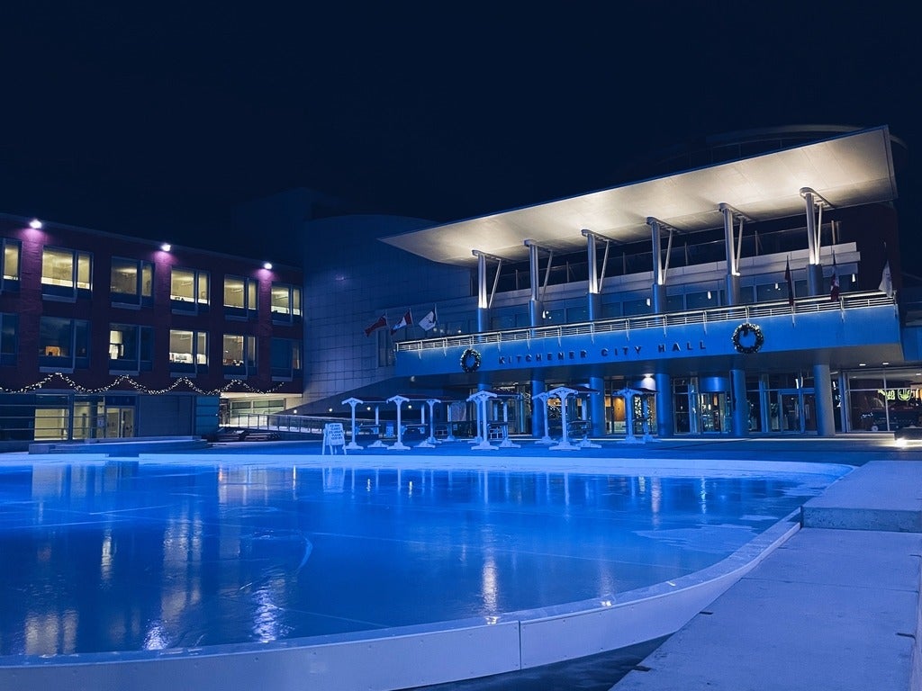 Carl Zehr Square with blue lights