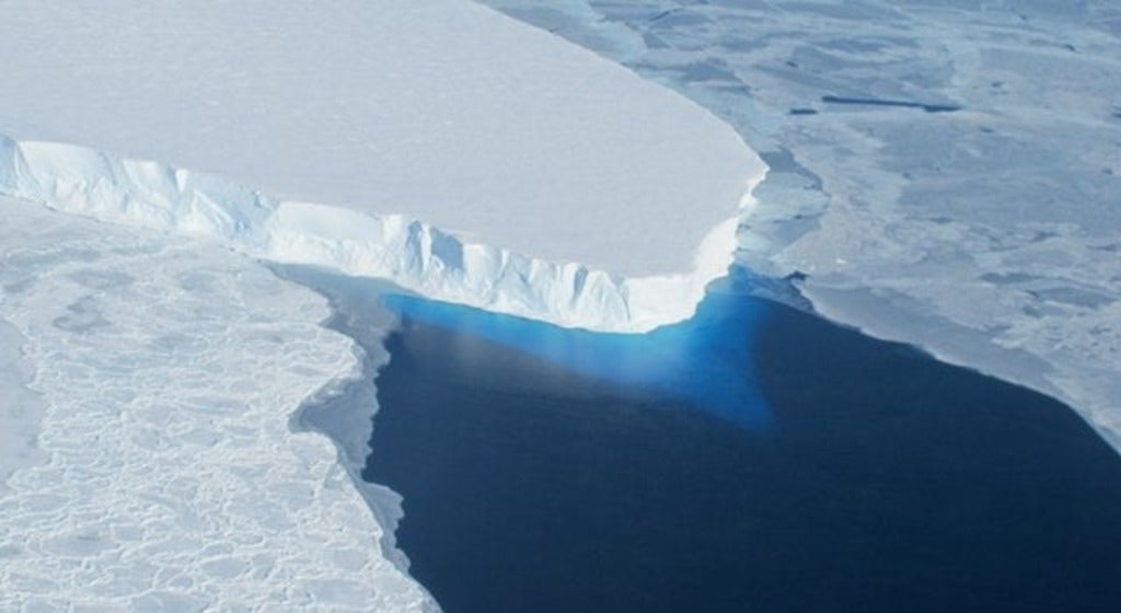 Aerial shot of Thwaites Glacier meeting seawater