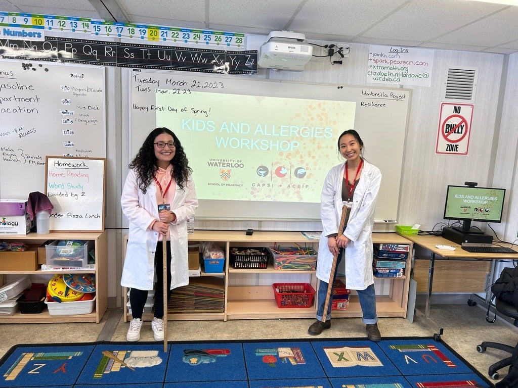 Waterloo Pharmacy students at a local elementary school presenting an allergies workshop during Pharmacy Appreciation Month 2023