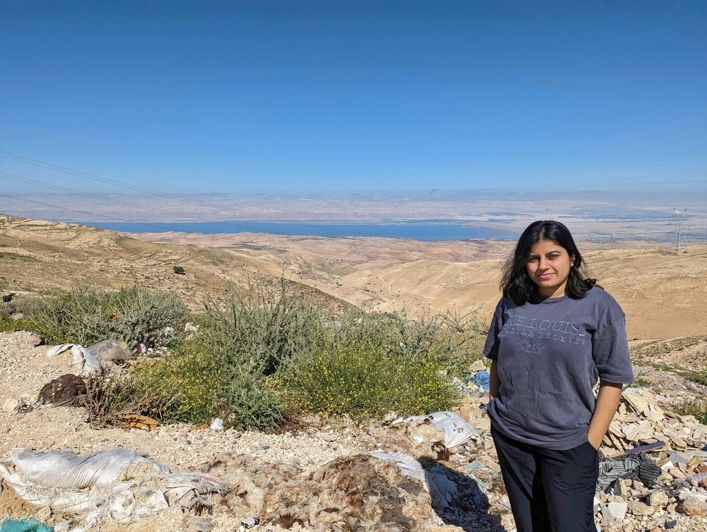 Aerial view of Aparajita in front of the Dead Sea on a day trip