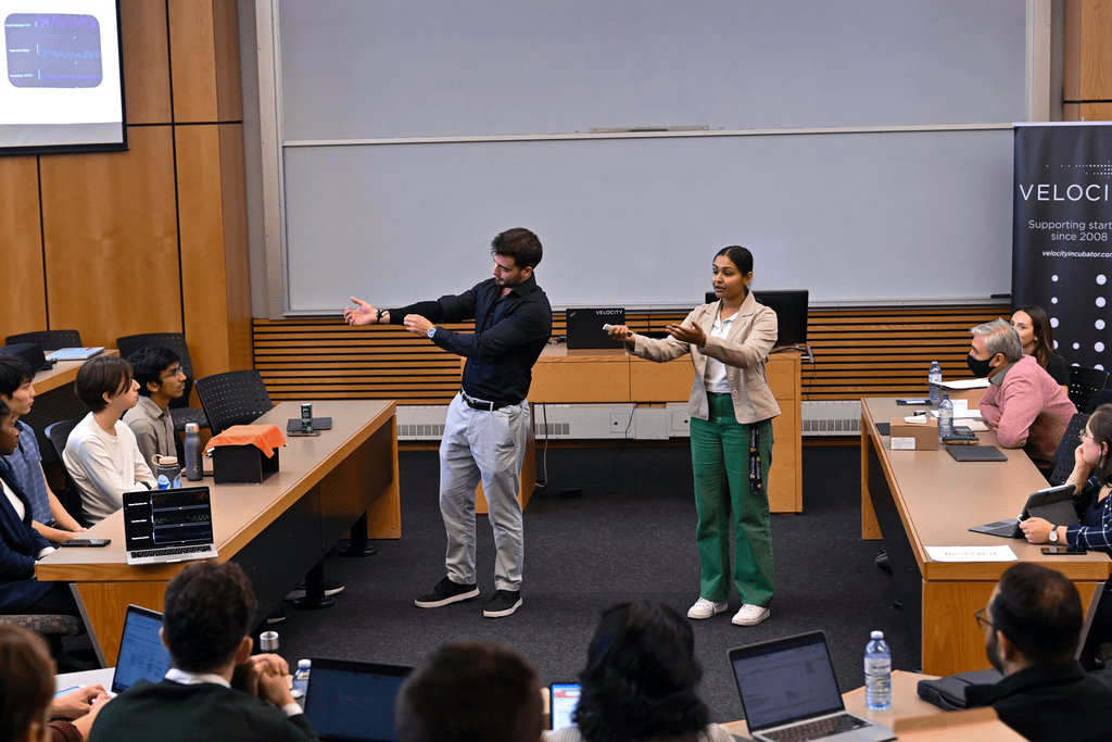 Two participants in Velocity's AgeTech challenge describe their product to judges