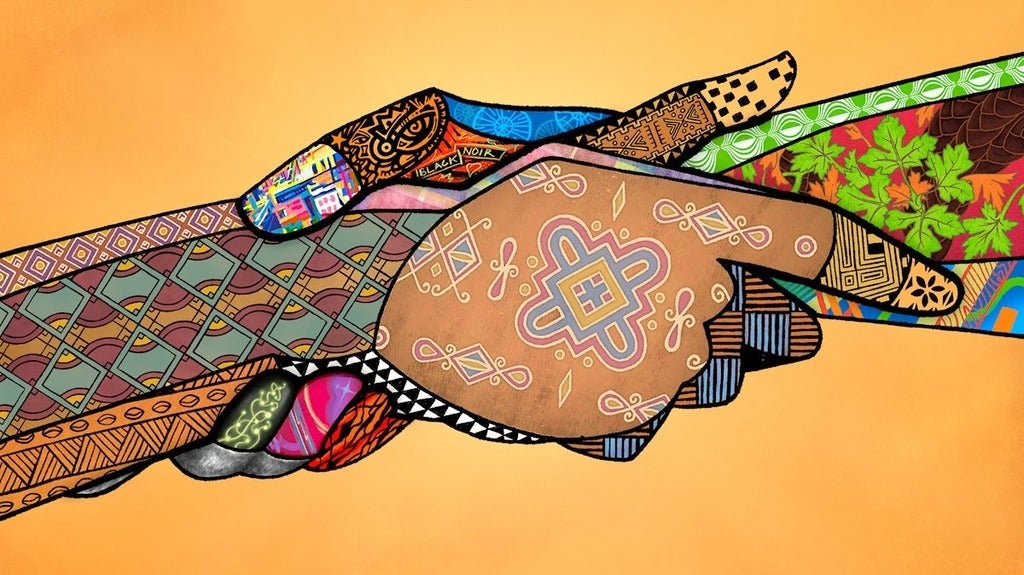 An illustration in the style of some African art, of two hands grasping each other