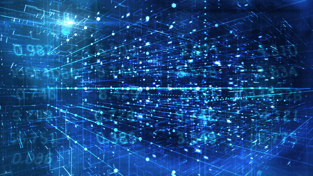 Abstract digital background with glowing blue lines, grids, and data points resembling a flow of information.