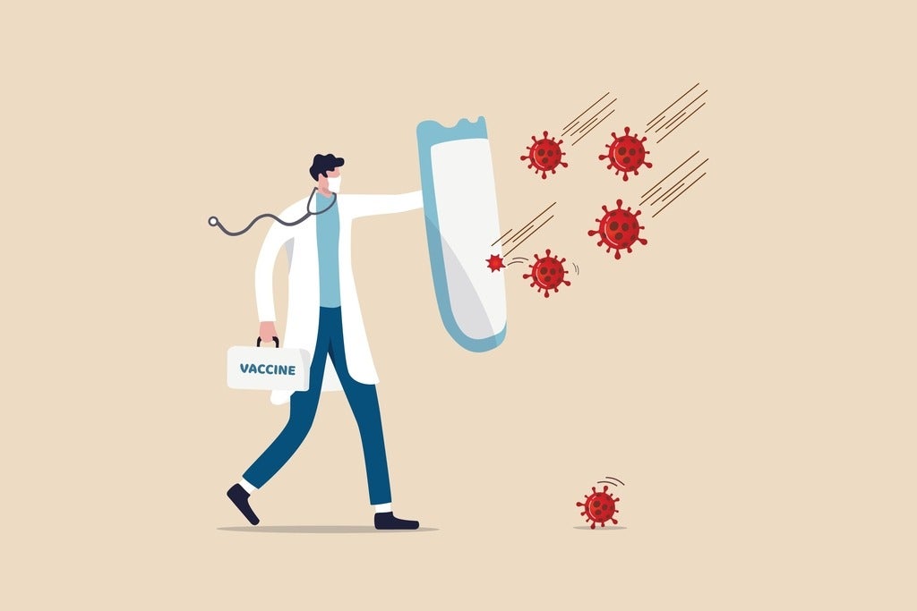 Graphic of a doctor holding a shield, protecting him against virus molecules