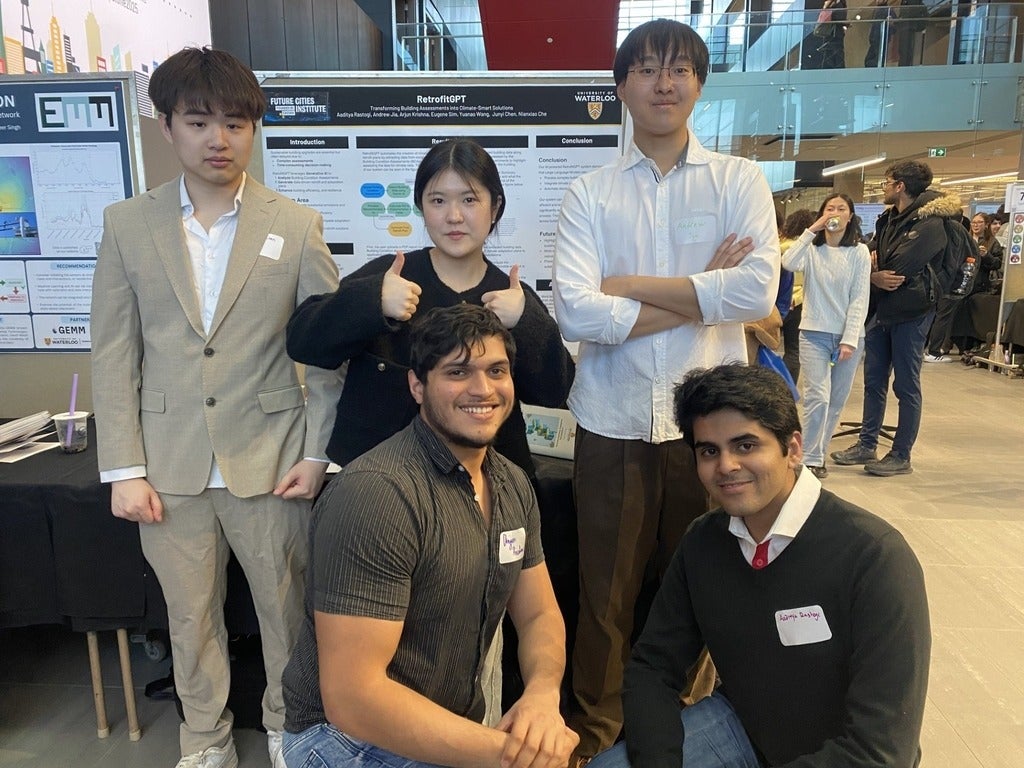 Oliver Chen, Eugene Sim, Andrew Jia, Arjun Krishna and Aaditya Rastogi showcasing their work. 