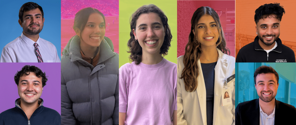 Collage of seven headshots of undergraduates with their faculty colours as backdrops