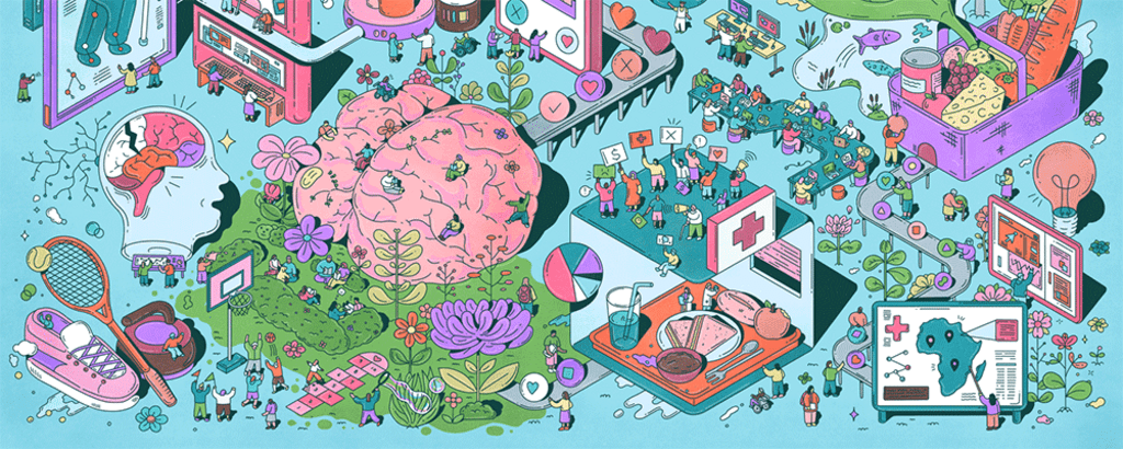 Illustration on 3D with visual elements representing six research impact areas