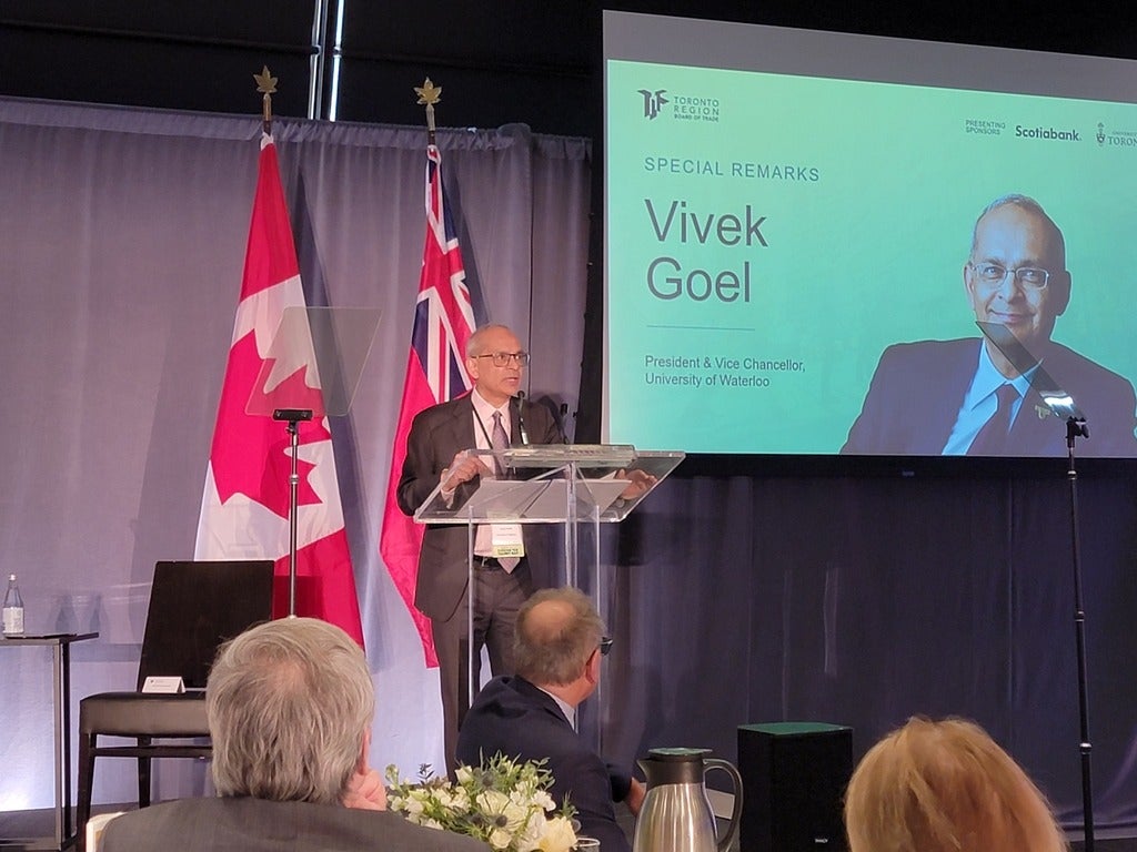 President Goel at podium speaking at the Toronto Board of Trade Workforce Summit