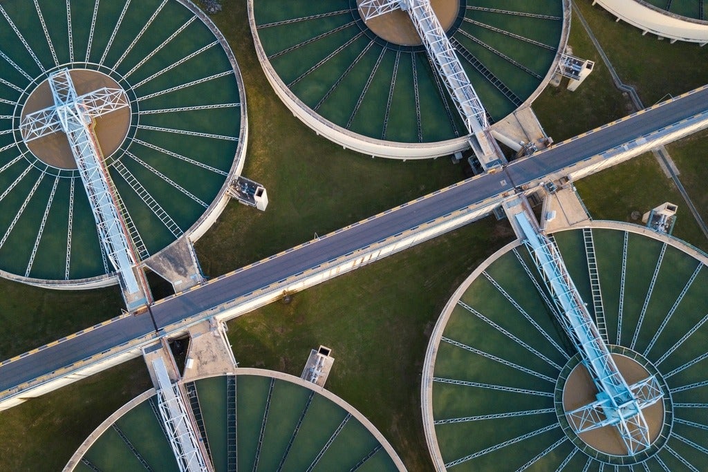 Overhead view of a waster water treatment plant.