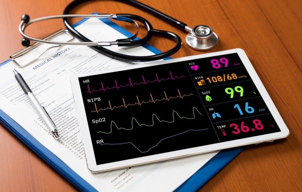 Image of an ipad with heart monitor information on it beside medical tools and clipbaord