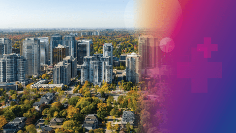 Aerial view of a metropolitan city with pink, purple and orange hue overlayed on the right with geometric shapes