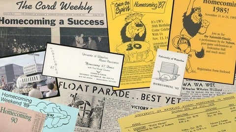 Brochures and headlines from Waterloo homecoming events over the years are overlapping in a colourful mosaic