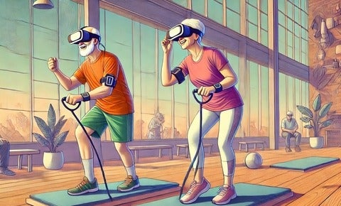 Illustration of senior couple wearing virtual reality headsets and actively walking