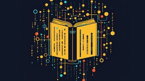 Illutration of open book floating in space surrounded by abstarct digital shapes