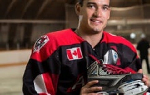 Jeffrey Azzolin with spring-loaded hockey skate