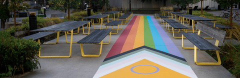 A painted walkway with the inclusive Pride flag