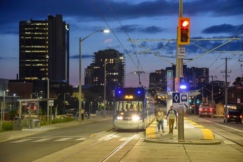 Light rail transit at night.