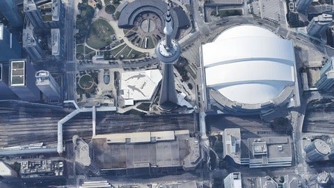 An aerial view of the CN Tower area of Toronto.