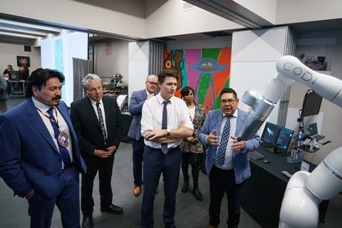 Chief Darcy Bear, Dan Vandal, Riel Bellegarde, Marci Ien, Justin Trudeau and Dr. Ivar Mendez