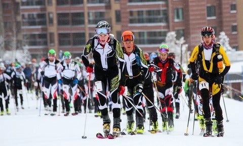 group of skiers racing