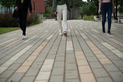 Students walking along campus path
