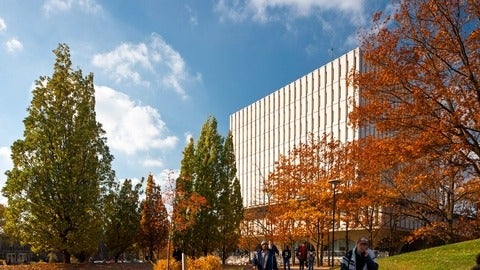 Dana Porter Library in the fall term with students walking in the front