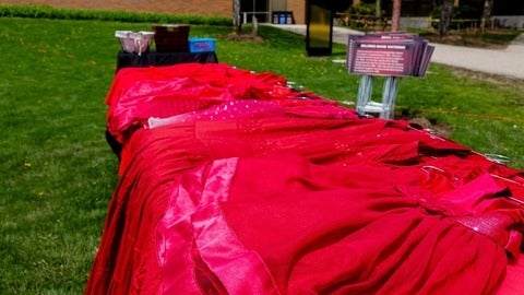 Red dresses and names of missing and murdered Indigenous women, girls and Two-Spirit people
