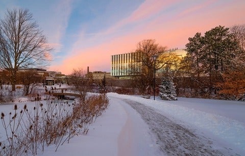 University of Waterloo campus on a snowy day with sunset