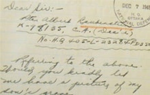 Photograph of letter written by Private Laubenstein's mother in 1945 asking for a  photo of her son's grave