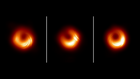 Three images of changing polarization patterns in the magnetic fields of the supermassive black hole M87*