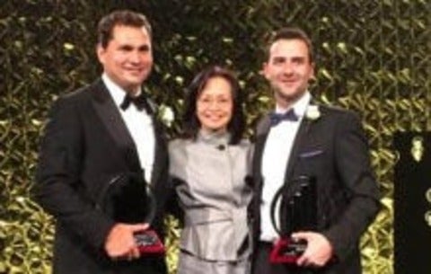 Award winners John Baker and Matt Rendall with dean of engineering Pearl Sullivan