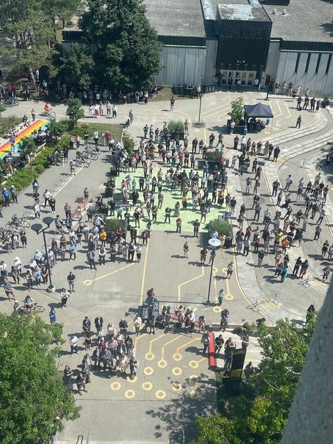 ariel photo of people gathering in the Arts Quad