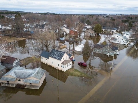 Houses on Barker's Point flooded by the waters of the Saint John River, Fredericton, New Brunswick, Canada 