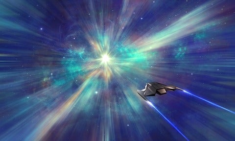 Spaceship fly through hyperspace in colourful nebula and star field