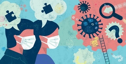 An animated image of two people wearing face masks, question marks, a search bar and puzzle pieces float around their heads