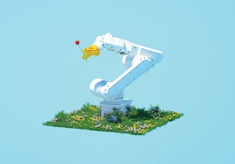 illustration of a robotic arm holding a rose