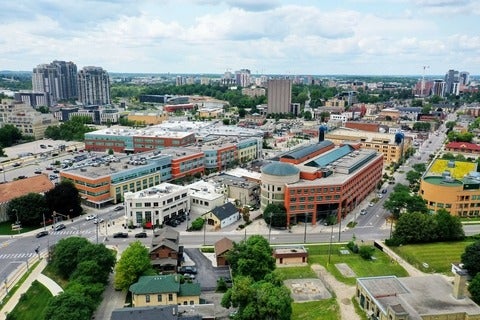Aerial view of downtown Waterloo, Ontario, Canada 