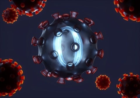 Digital generated image of semi transparent red COVID-19 cell with blue glowing omicron sign inside. 