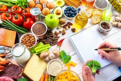 A person's hands writing on a note pad a list of healthy food