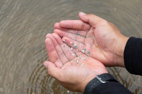 Close-up side shot of hands showing microplastics in water.