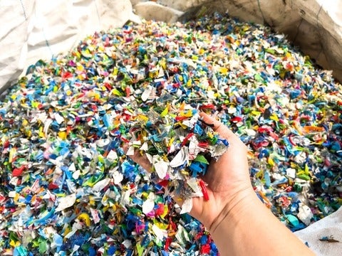 Pieces of cut colourful plastic bottles, which Waterloo researchers are now able to convert into high-value products.