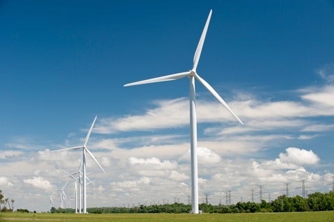 A cluster of wind turbines on the Bruce Peninsula generate power for use throughout Ontario, Canada.